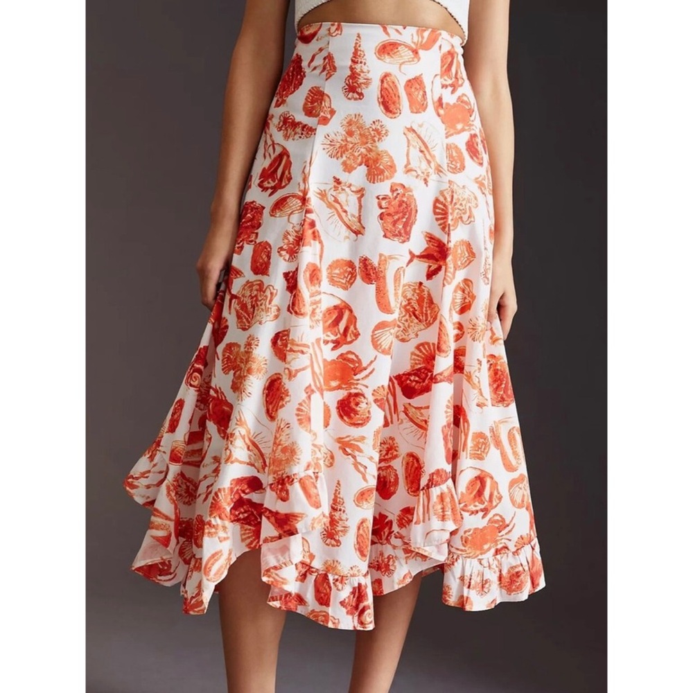 Maeve Anthropologie A Line Ruffled Midi Skirt Seashells Crab Beach Vacation 10